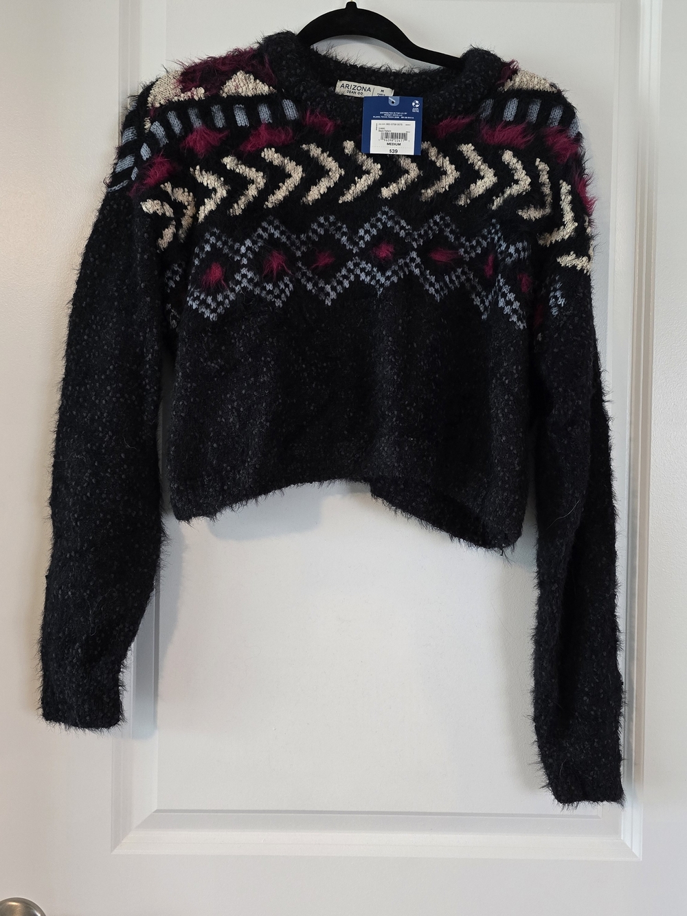 NWT Arizona Black Cropped Sweater with Cream, Blue, and Magenta Pattern